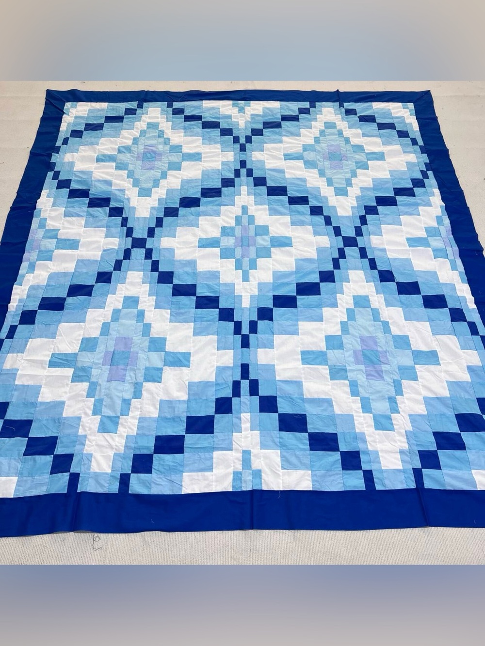 Blue Gazing Log Cabin Patchwork Cotton fabric Queen size Quilt Top/Topper
